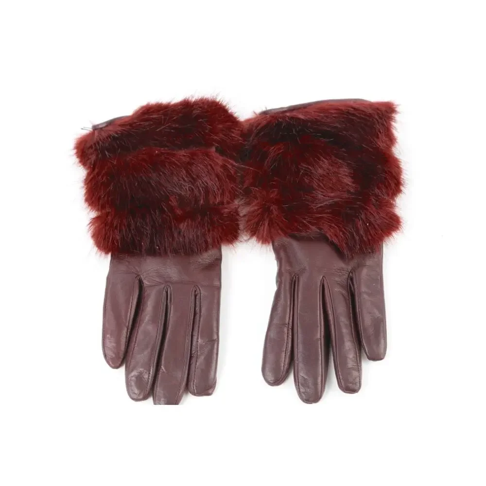 Gala Gloves 7 Brown Leather Winter Gloves Burgundy Faux Fur Cuff Luxury Italy